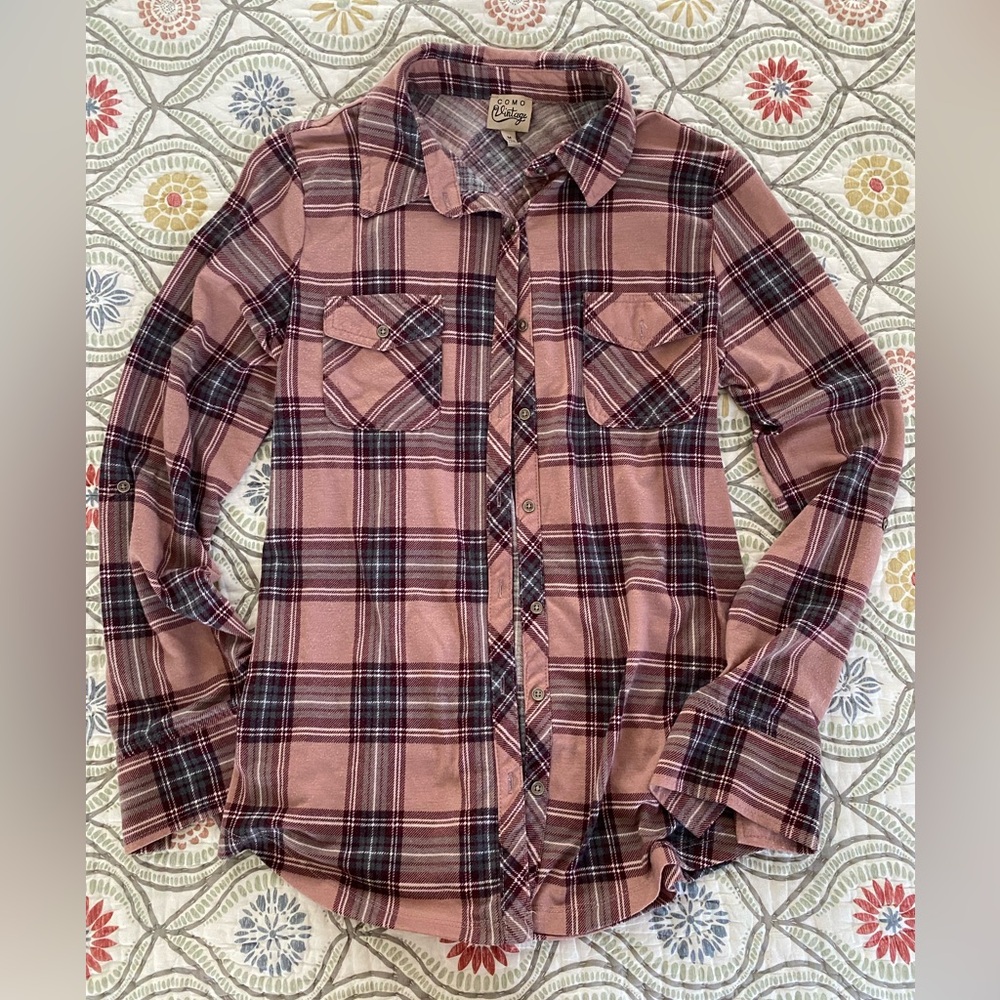 Dusty rose color plaid button down from Como Vintage